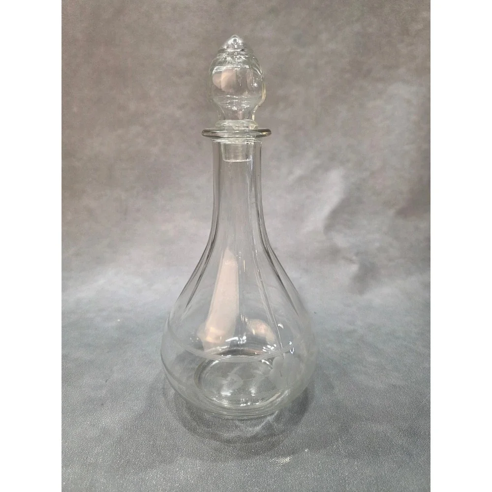 Vintage Clear Glass Decanter with Stopper Frosted Floral Etched Ribbed 10.5 Inch